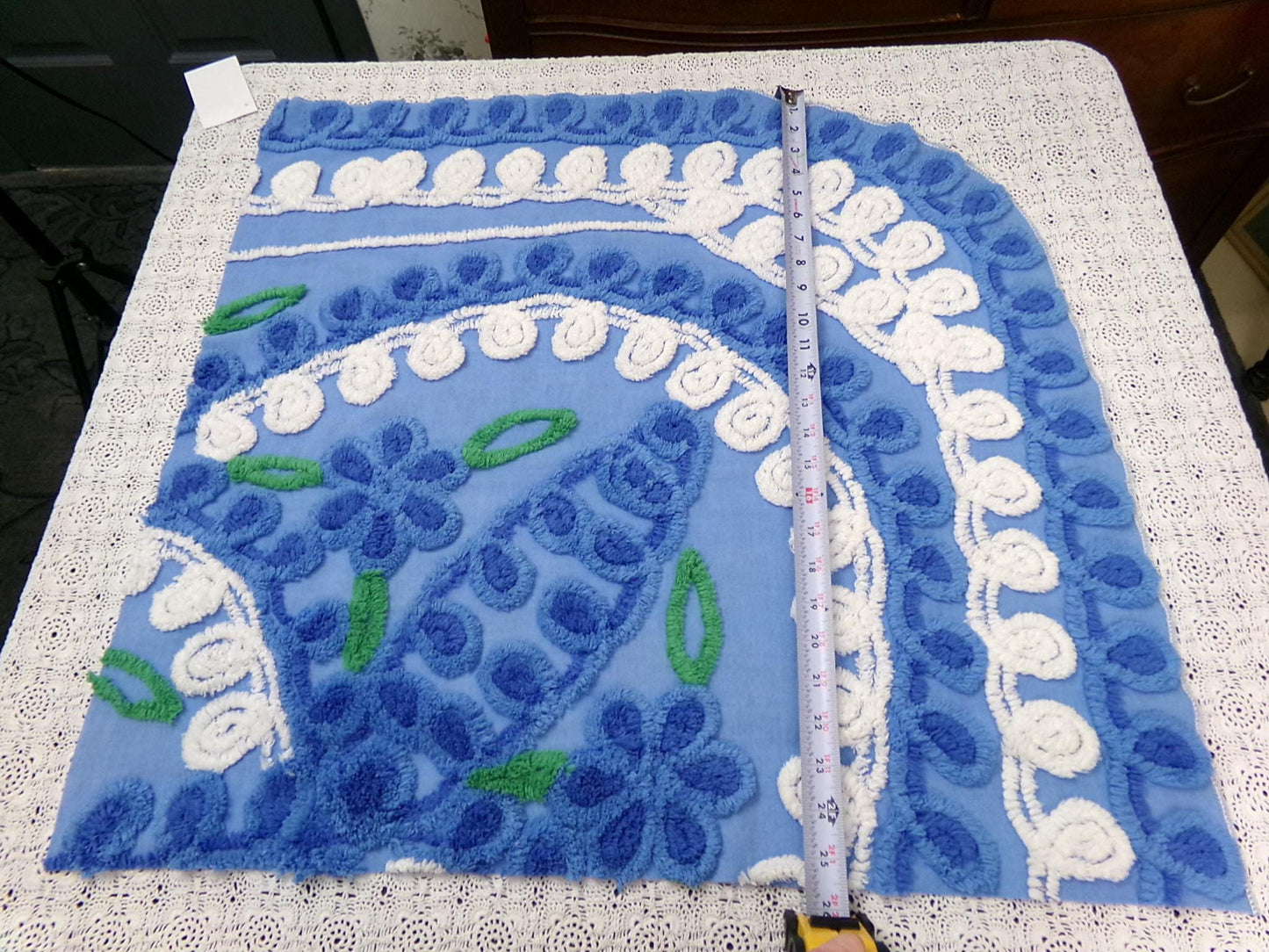 Vintage Midnight Blue Chenille Bedspread Fabric Abstract Celestial Florals 24x25"