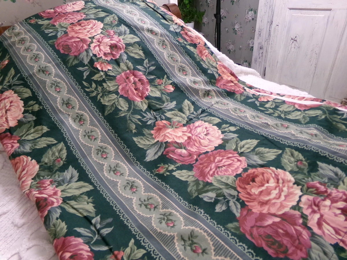 Vintage Rose Curtain Drapery Panel, Deep Green Lined SINGLE Window Drape 82"L