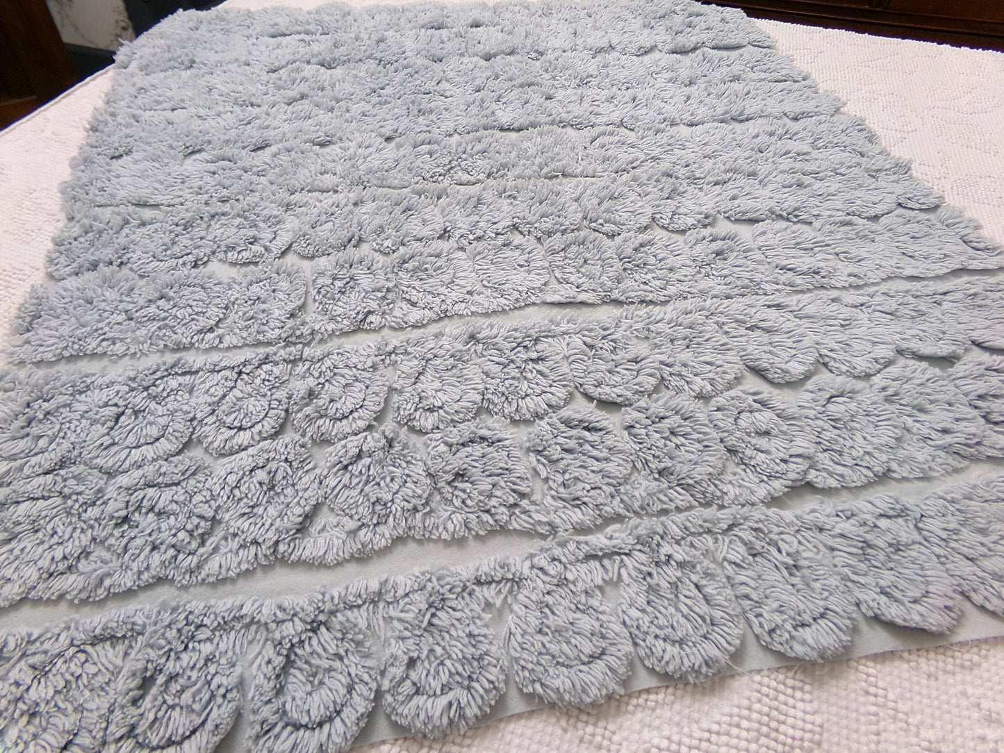 Stardust Blue Vintage Chenille Fabric 22 x 25" Plush Curlicues Quilt Material