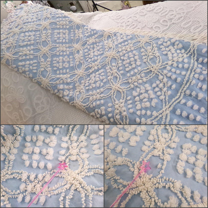 beach cottage blue vintage chenille bedspread, shabby tufted geometric pattern, 100% cotton twin size summer coverlet with fringe
