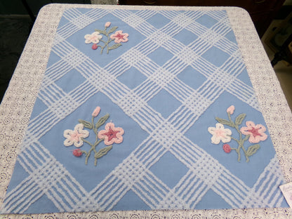 Coastal Floral Vintage Chenille Bedspread Fabric Blue & White 25 x 27" Piece