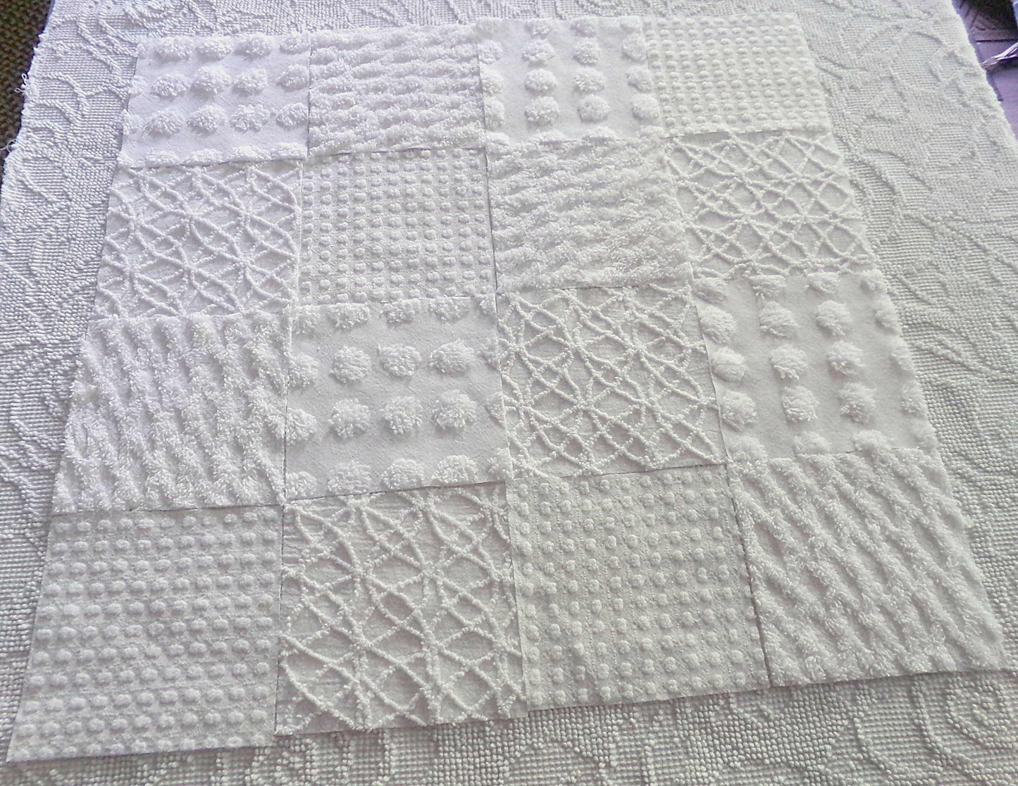 Snow White 6" Chenille Fabric Squares, Set of 16 Quilt Blocks, Classic Dots, Pops, Diamond patterns cut from vintage chenille bedspreads