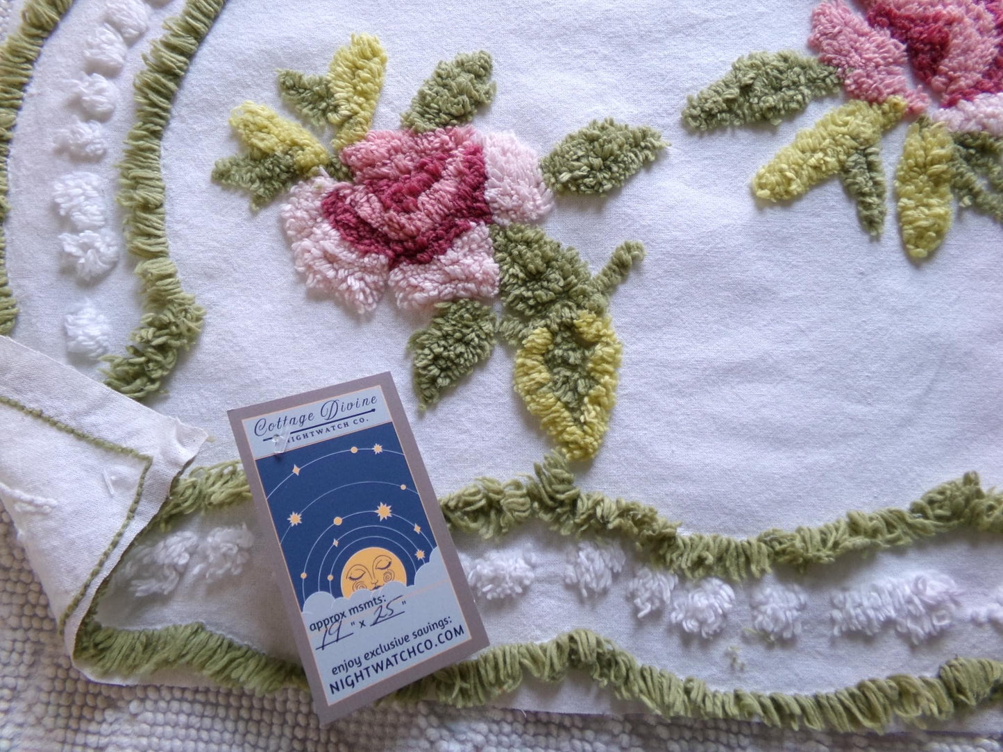 vintage rose chenille fabric, 19" x 25" inch piece of cotton sewing material, great for pillows & crafts