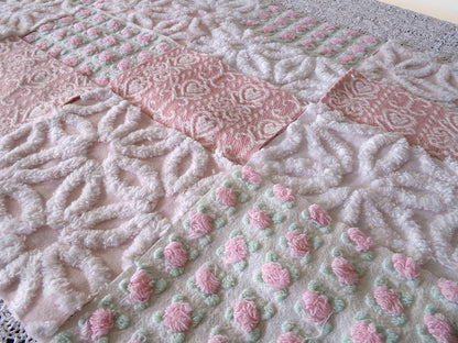 Pink Mix Vintage Woven & Chenille Fabric Squares, Daisy, Rosebud, Hearts Quilt Square Set, 16 Blocks 6" x 6" inch for Pillows, Doll Blankets