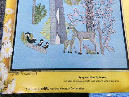 FOREST WILDLIFE Vintage Crewel Embroidery Kit 70s Hippie Wall Hanging, Paragon Needlecraft Stitchery, Kit# 0525, Design by Ruth Castino