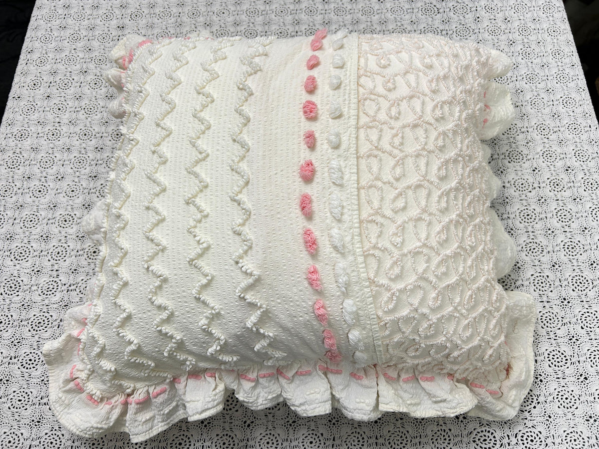 Floral Ruffled Vintage Chenille Pillow Cover 18" Square Seersucker