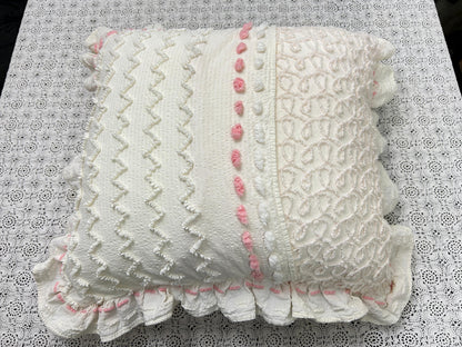 Floral Ruffled Vintage Chenille Pillow Cover 18" Square Seersucker