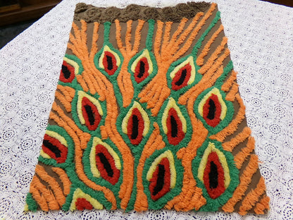 flame feathers vintage chenille bedspread fabric boho peacock plumes brown orange 14x20"