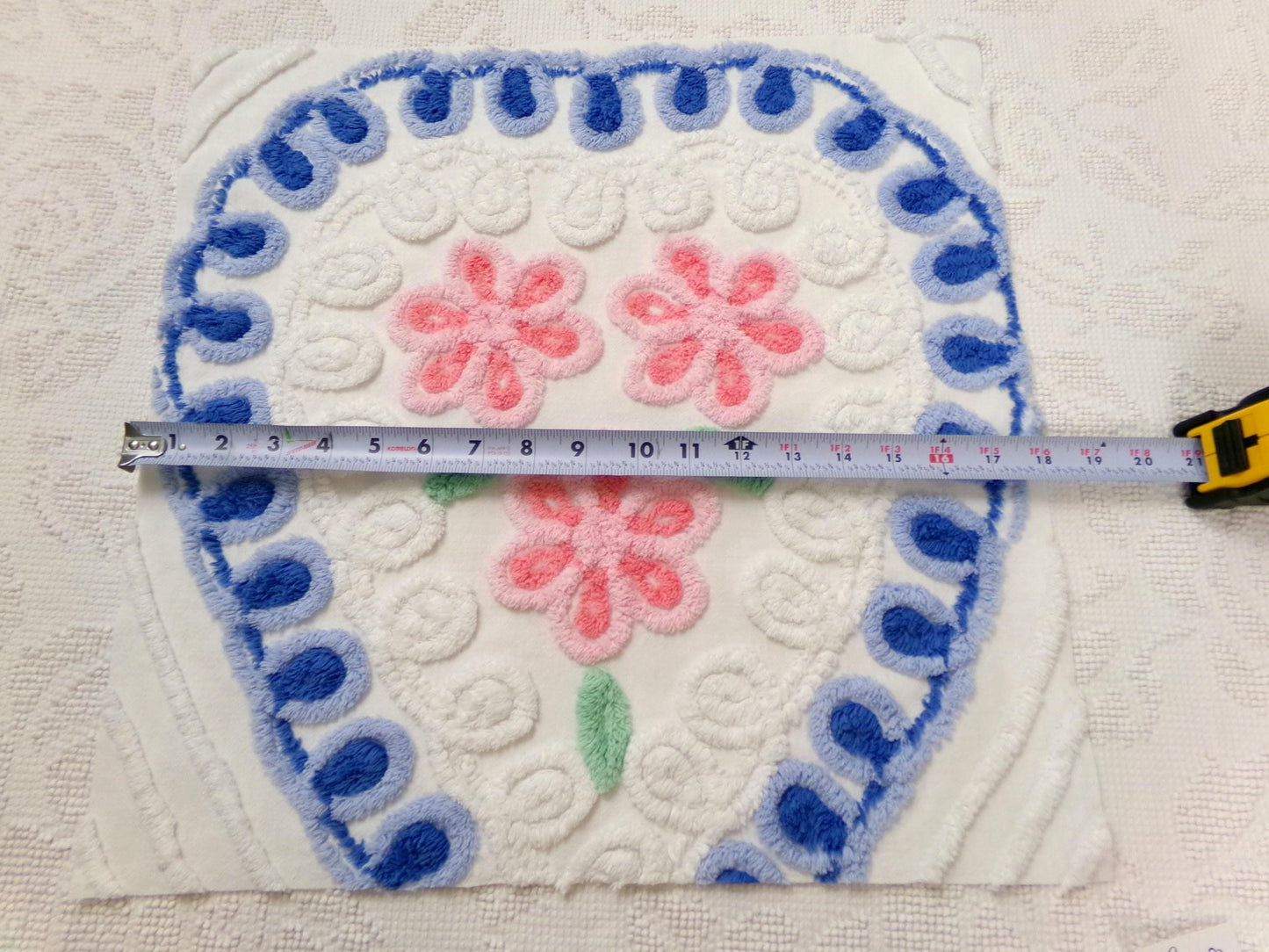 Sweetheart Floral Vintage Chenille Fabric, Pink & Blue Sewing Material 17.5" x 17" Piece