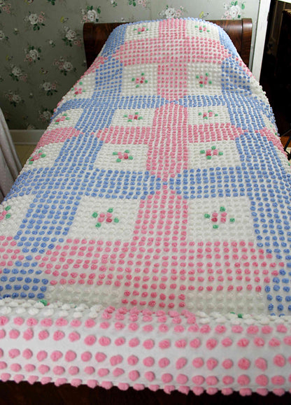 Rare Vintage Chenille Bedspread, Tufted Pink & Blue Popcorns with Rose Pop Flowers, Anne Orr for Cabin Crafts, Full Size Cottage Bedding