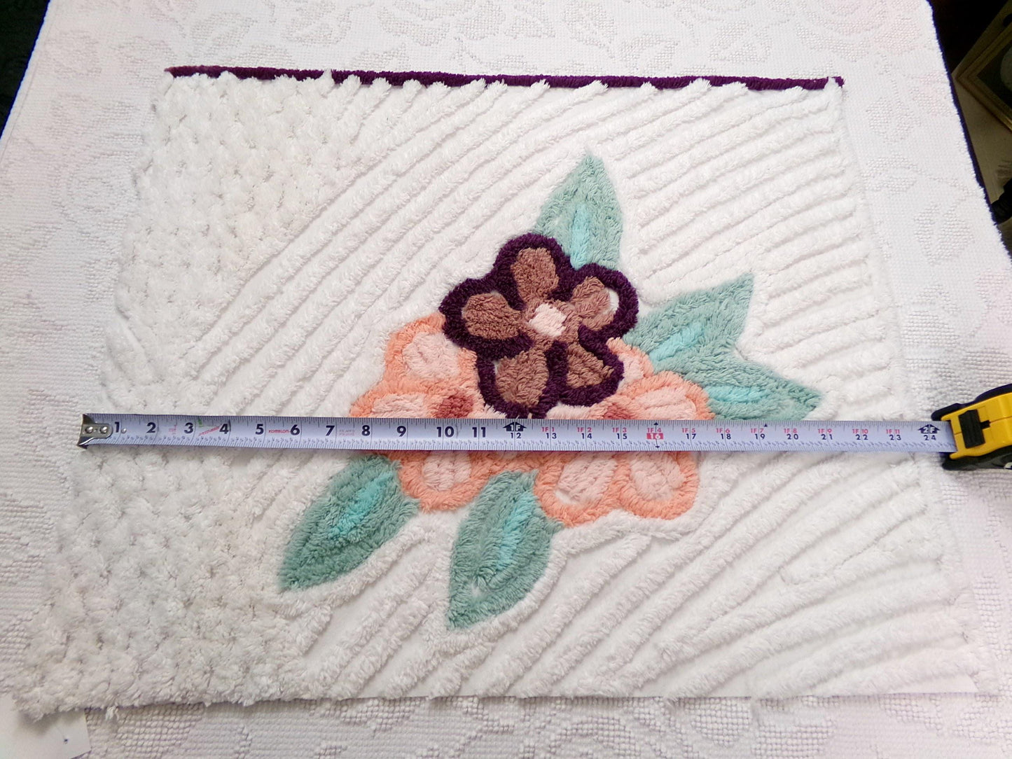 Vintage Chenille Fabric Piece, Magnolia Florals on White, 19" x 23" Sewing Material