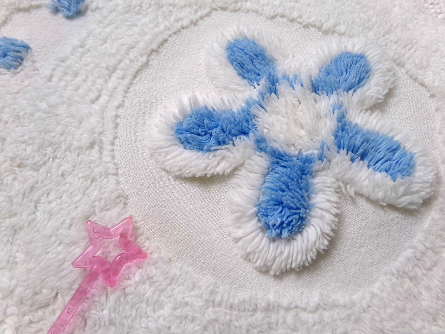 Boho Coastal Vintage Chenille Bedspread Fabric, Blue Circle Dot Flowers 24" x 20" Piece