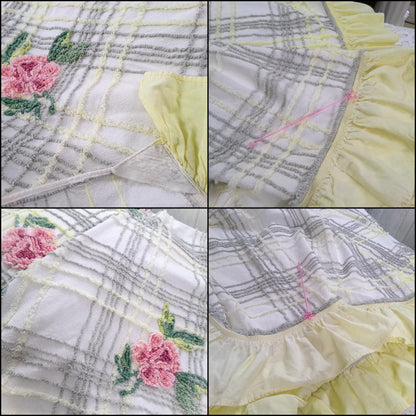 Vintage Pink Rose Chenille Bedspread Plaid Ruffled Shabby Chic Farmhouse Full Size