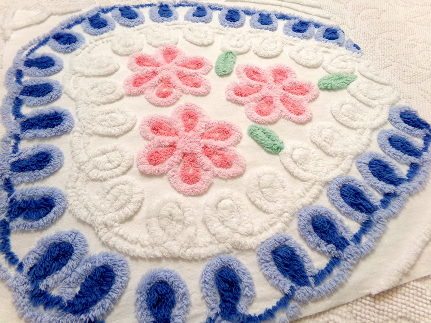 Sweetheart Floral Vintage Chenille Fabric, Pink & Blue Sewing Material 17.5" x 17" Piece