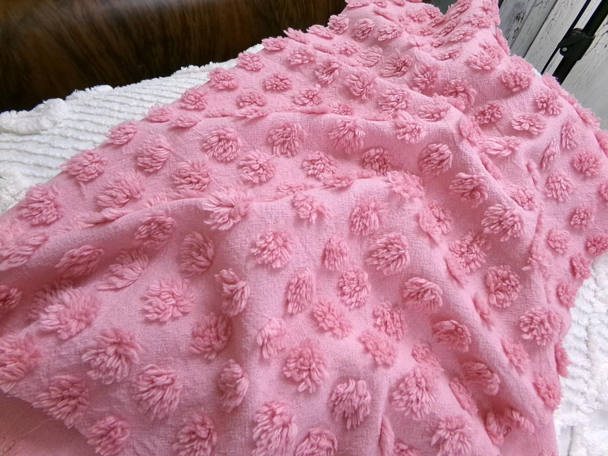 Pink Puffer Pops Vintage Chenille Fabric, Windswept Bobble Tufts, 18x24"