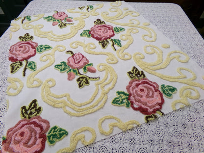 Shabby Pink Rose Vintage Chenille Fabric Dramatic Scrollwork Sewing Quilt Material 25" x 23"