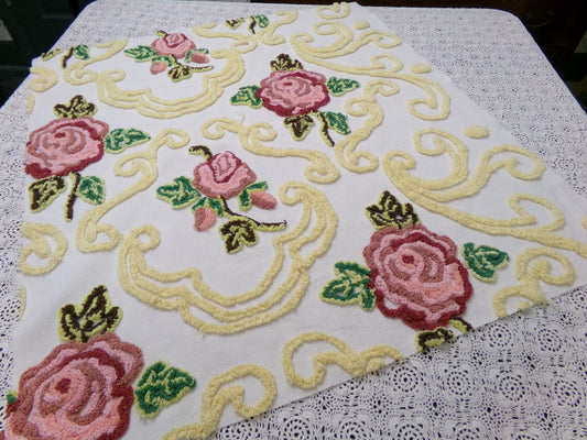 Shabby Pink Rose Vintage Chenille Fabric Dramatic Scrollwork Sewing Quilt Material 25" x 23"
