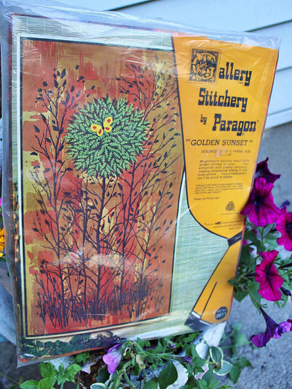 GOLDEN SUNSET Vintage Crewel Kit, *NO Thread* Paragon Embroidery #0611, Huge Boho 70s Wall Hanging, Phyllis Hall