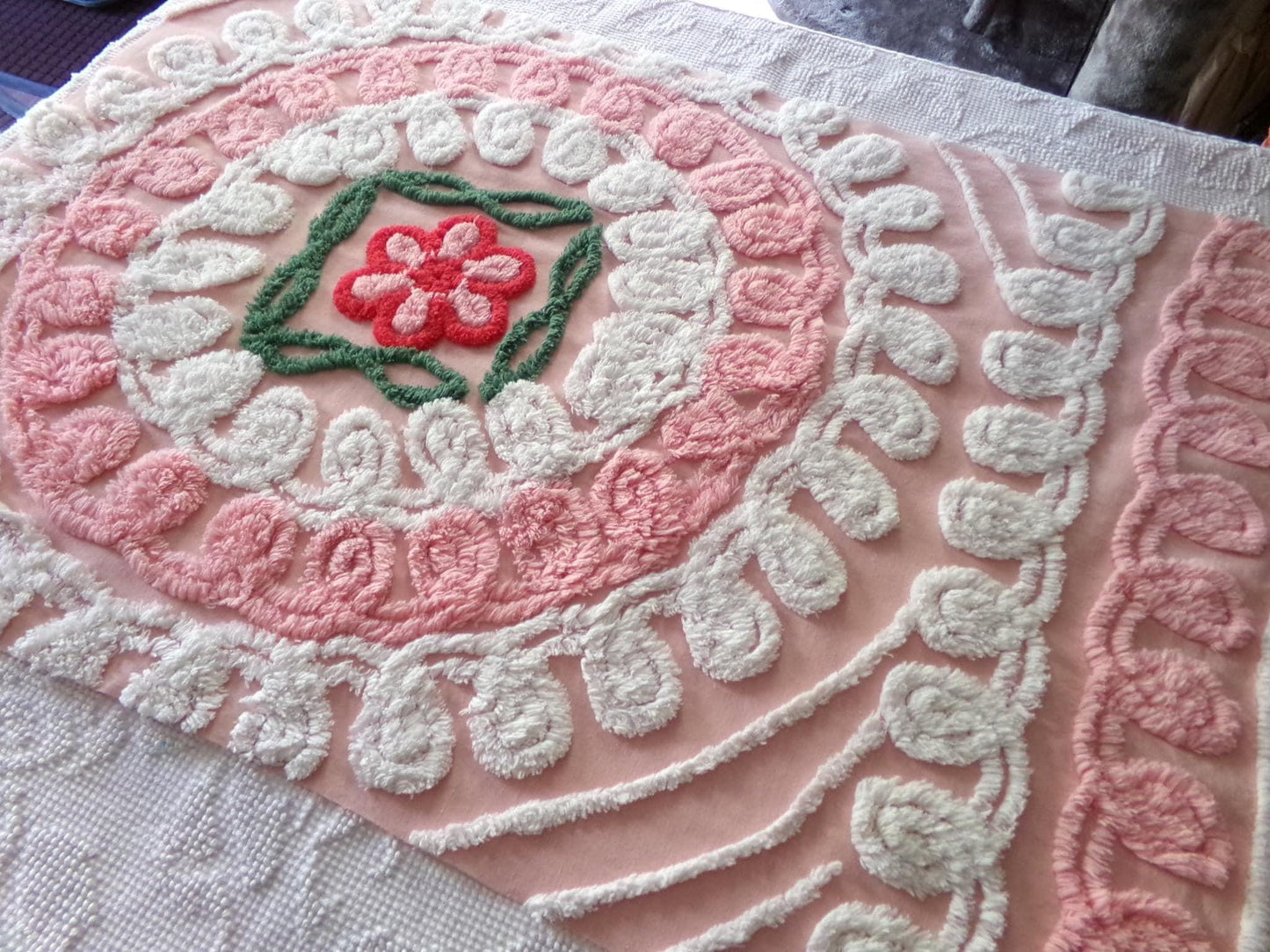 shabby pink vintage chenille fabric, cake frosting floral curlicues, 20" x 31"