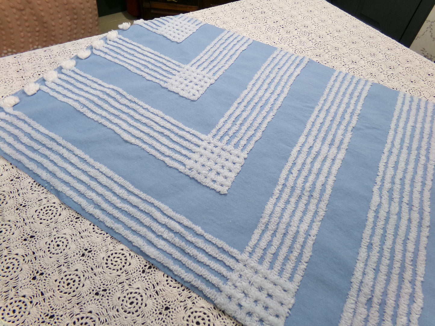 Sky Blue Vintage Chenille Fabric White Geometric Quilt Sewing Material 16.5" x 30"