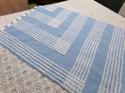 Sky Blue Vintage Chenille Fabric White Geometric Quilt Sewing Material 16.5" x 30"