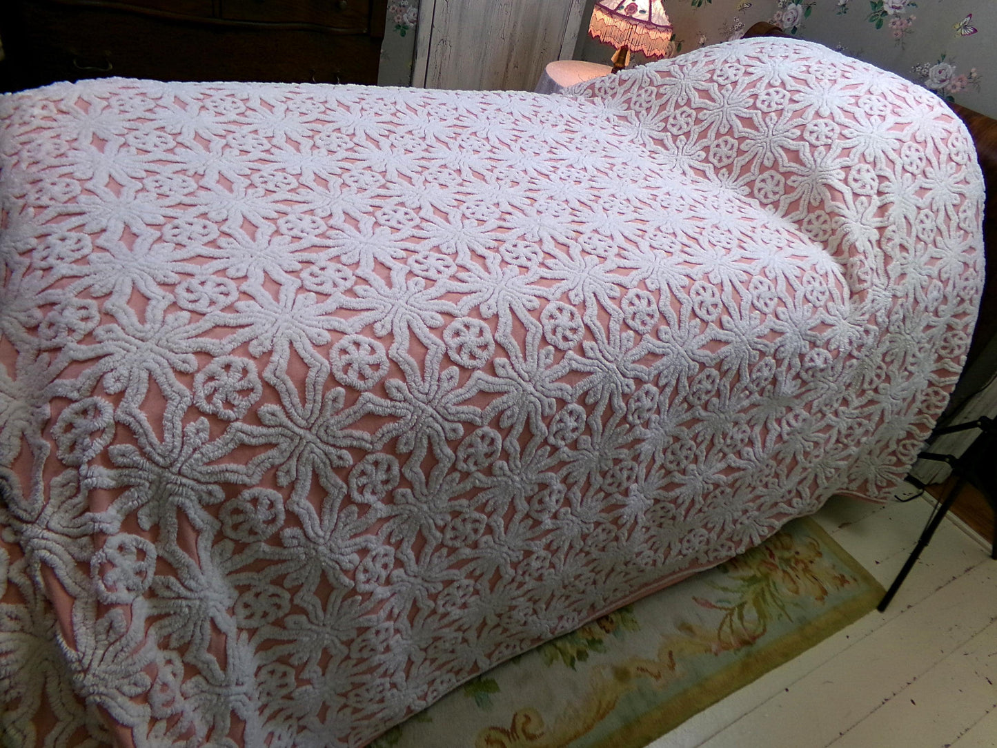 Chenille Bedspread Full Size Fairytale Snowflake Pinwheel Tufts, Feminine Vintage Cotton Bedding