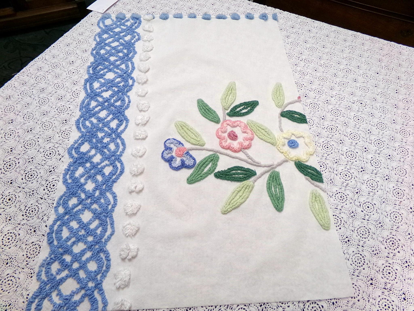 cottage style vintage chenille bedspread fabric 17x24" blue white floral