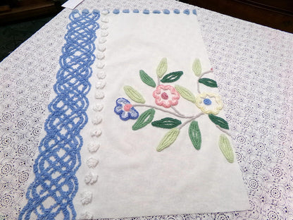 cottage style vintage chenille bedspread fabric 17x24" blue white floral