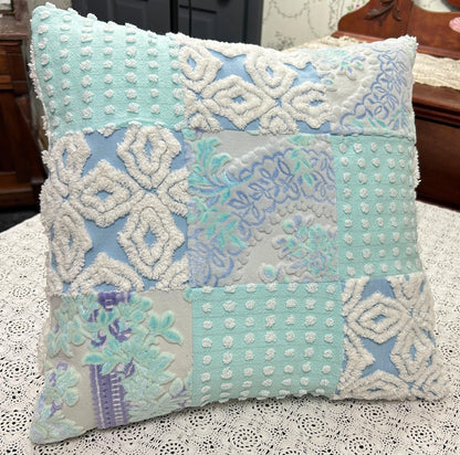 Vintage Velvet & Chenille Pillow Cover, 16" Square Reversible Coastal Patchwork Design