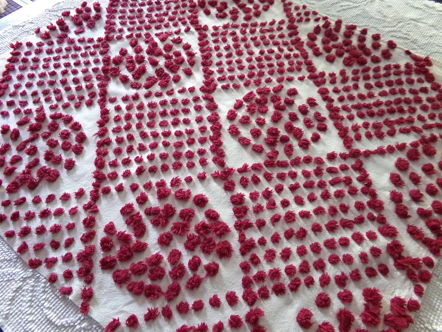 Magical "Ruby Slippers" Red Antique Chenille Fabric, 21" x 26" inch Piece, Vintage Handtuft Diamond Circle Puffs in Red Wine on White Cotton