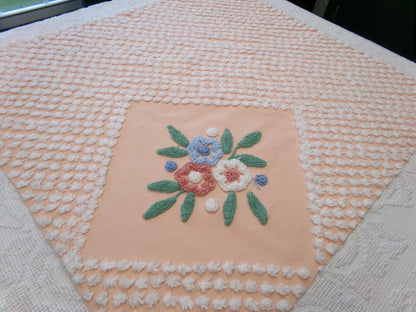 Vintage Peach Chenille Fabric Floral White Puff Tufts, Quilting Crafts Cottage Chic Bedspread Material Upcycle Sewing Supply, 26" x 27"