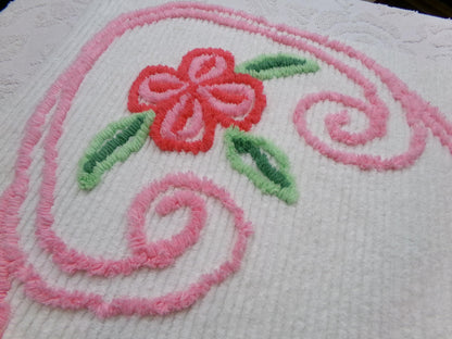 Vintage Chenille Fabric, Pink Flower Abstract Heart Piece Sewing & Quilt Material 22" x 23"