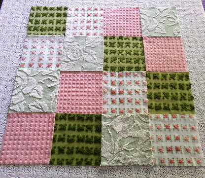 Olive & Rose Chenille Fabric Squares, Set of 16 Vintage Quilt Blocks, 6" x 6" inches each, for Quilting, Sewing, Pillows