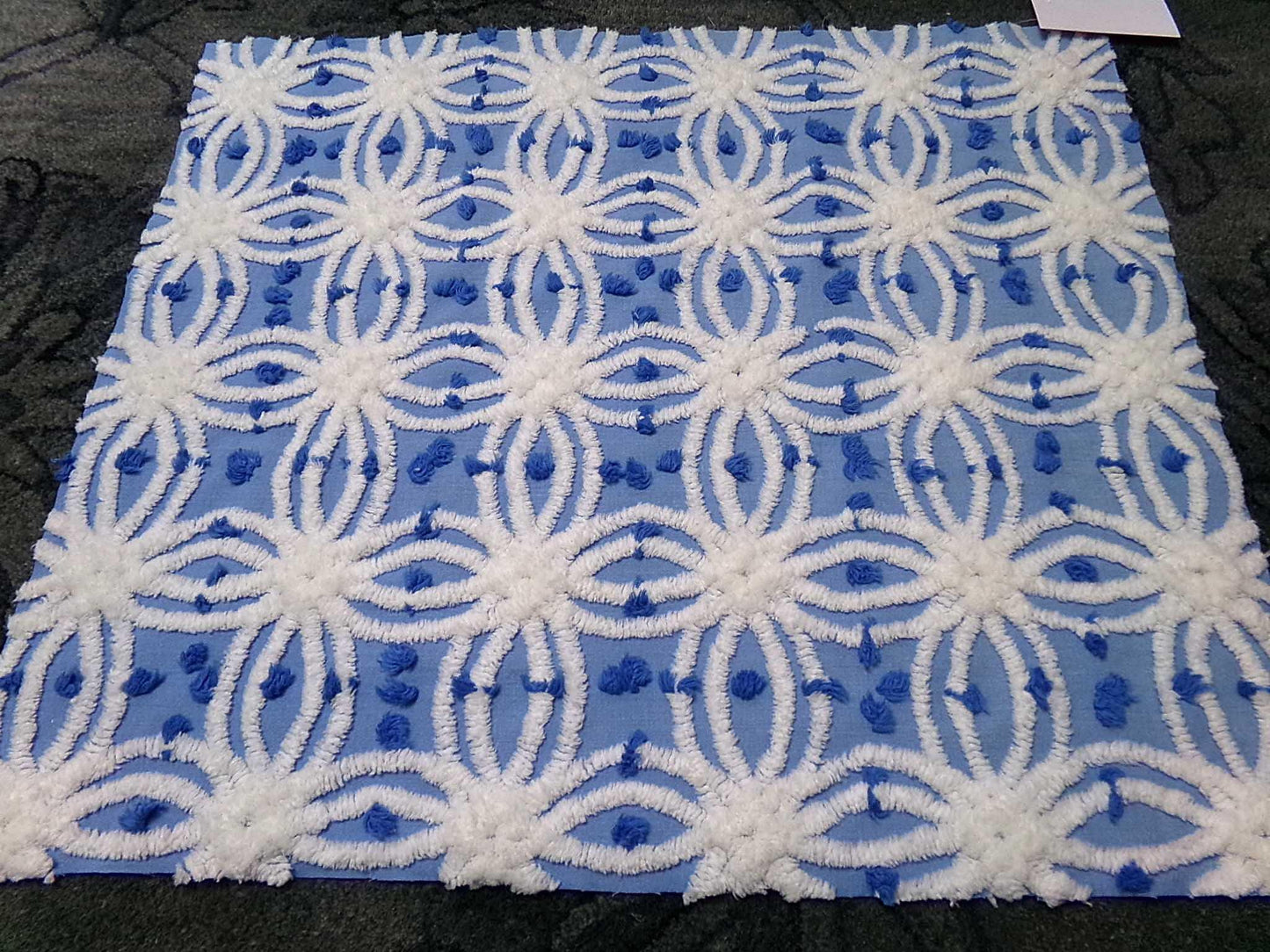 serene blue & white vintage chenille fabric, 19" x 23" cotton quilt material