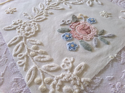 shabby chic chenille fabric, lovely needletuft rose floral design, 21" x 21" inch piece of vintage sewing material great for a pillow cover