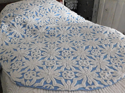 blue vintage chenille bedspread: icicle crystal white tufting, coastal cottage style full size cotton bedding