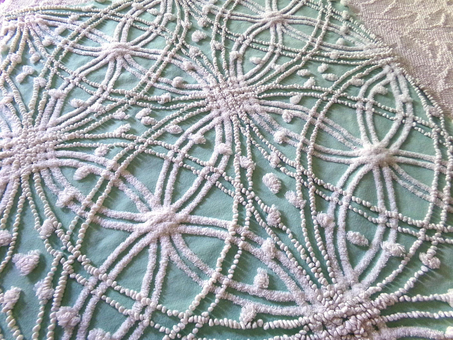 starry spiderweb jade green vintage chenille fabric, unique webbed design, 20" x 26" inch piece for quilting material & sewing