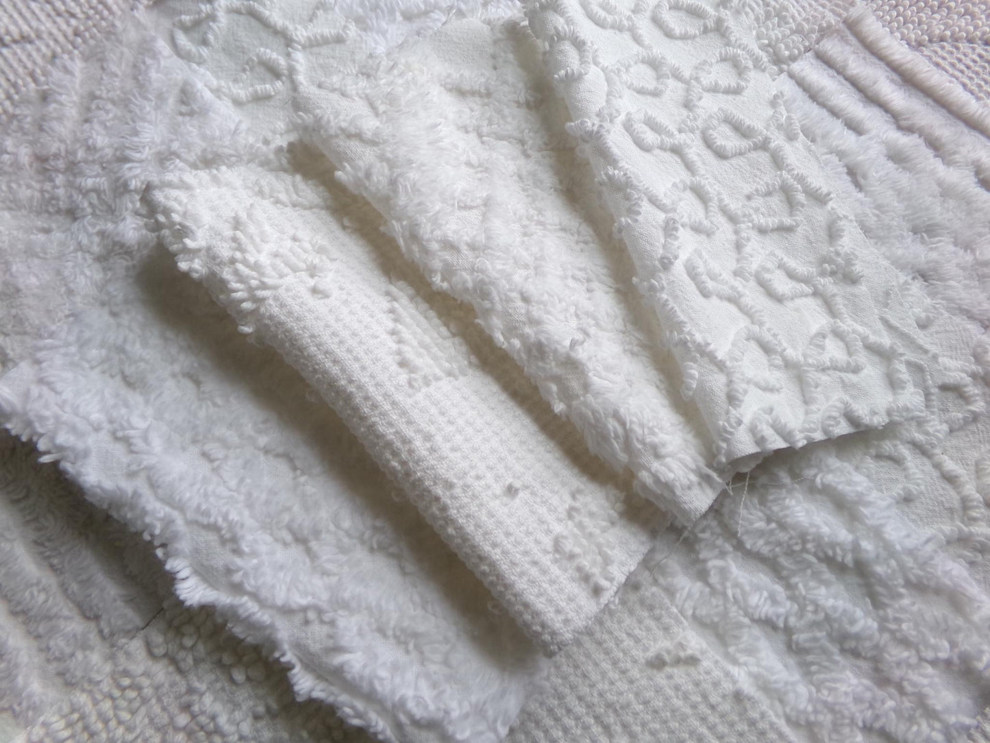 white vintage 6" chenille squares, set of 12 quilt blocks in a classic selection of popular patterns for sewing & crafts
