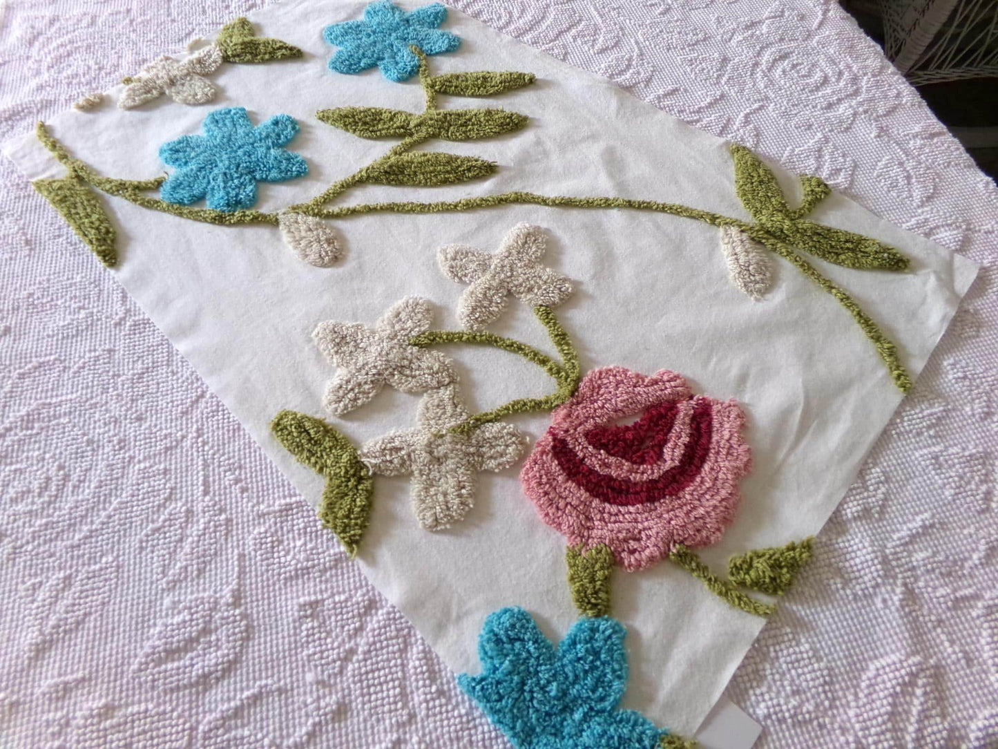 wild rose vintage chenille fabric, sewing material for floral appliques, quilts 15" x 26"