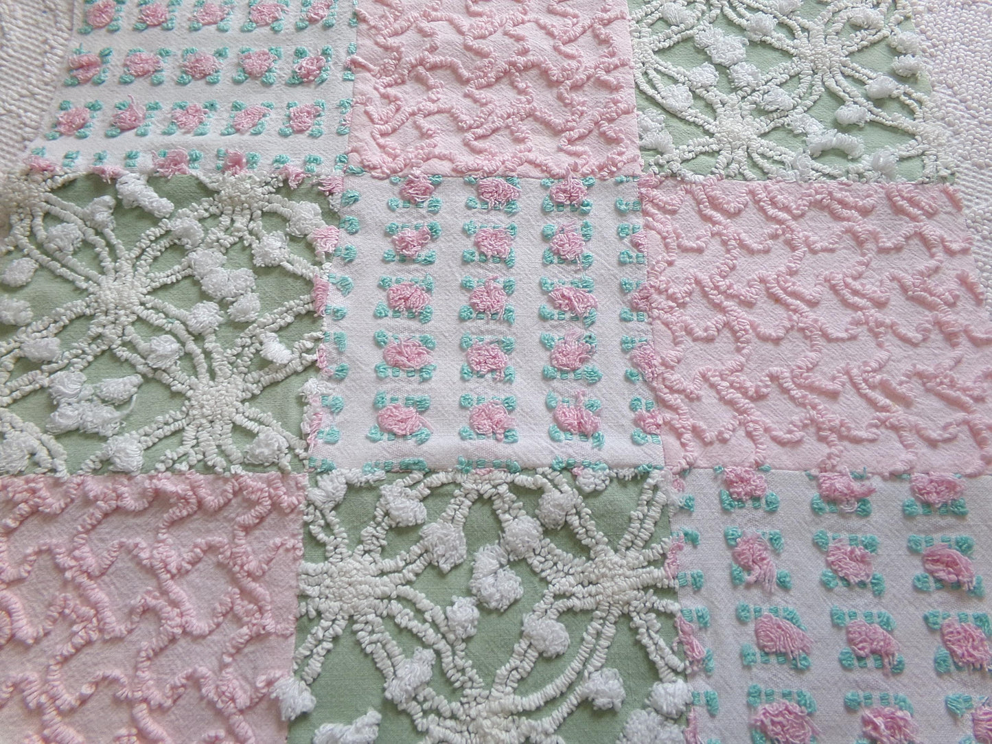 Vintage Patchwork Chenille Fabric Craft Panel, 16" Square, Cottage Style DIY Pillows