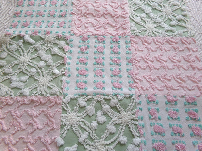 Vintage Patchwork Chenille Fabric Craft Panel, 16" Square, Cottage Style DIY Pillows