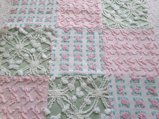 Vintage Patchwork Chenille Fabric Craft Panel, 16" Square, Cottage Style DIY Pillows