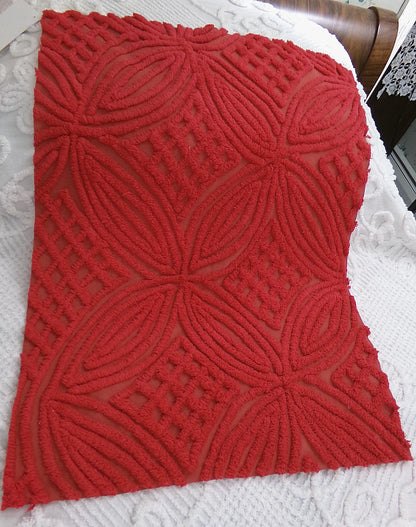 Vintage Chenille Bedspread Fabric Cherry Red Craft & Sewing Material 18" x 25"