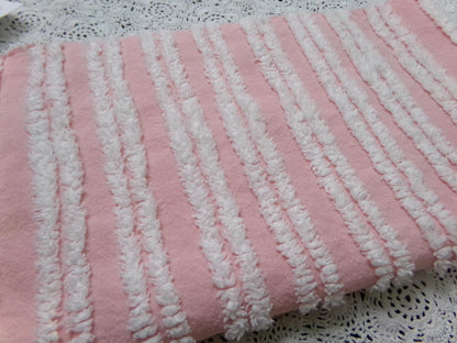 Pink White Double Stripe Vintage Chenille Bedspread Fabric Cottage Chic 14x24" Piece