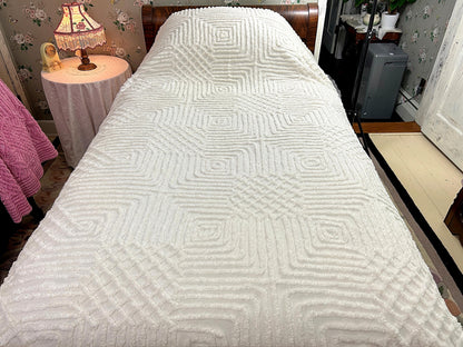 Quietly Bold Vintage Chenille Bedspread, Nested Squares & Diamonds, Full Size
