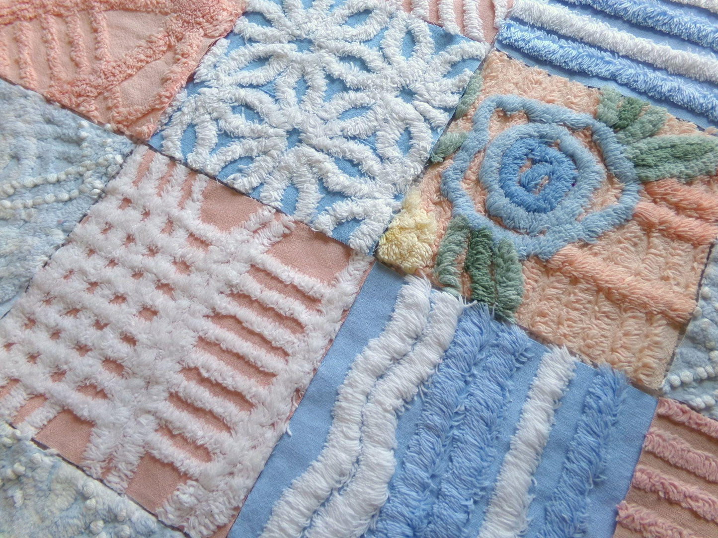 frost & fizz vintage chenille fabric squares, set of 16 blue, peach, white 6" quilt blocks for arts, crafts sewing