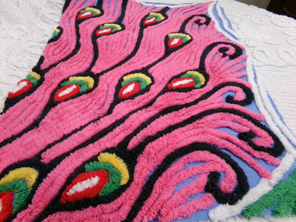 Pink Peacock Vintage Chenille Fabric, exotic tail feathers, sewing craft quilt material 17" x 23" piece
