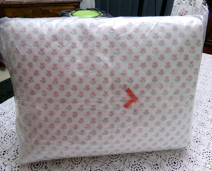 Vintage Twin Flannel Flat Sheet Floral Tulip Heart Design Pink Green White, 100% Cotton