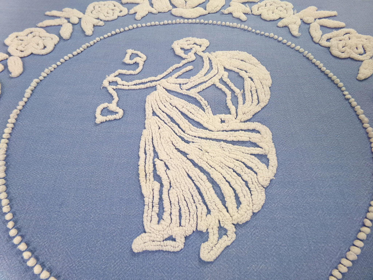 Angel Vintage Chenille Bedspread, Grecian Goddess Figure, Wedgwood Blue & White FULL