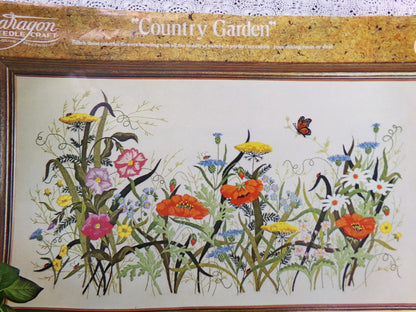 COUNTRY GARDEN Crewel Stitchery Kit, Vintage 0511 Paragon Embroidery Boho Meadow Scene Wall Hanging